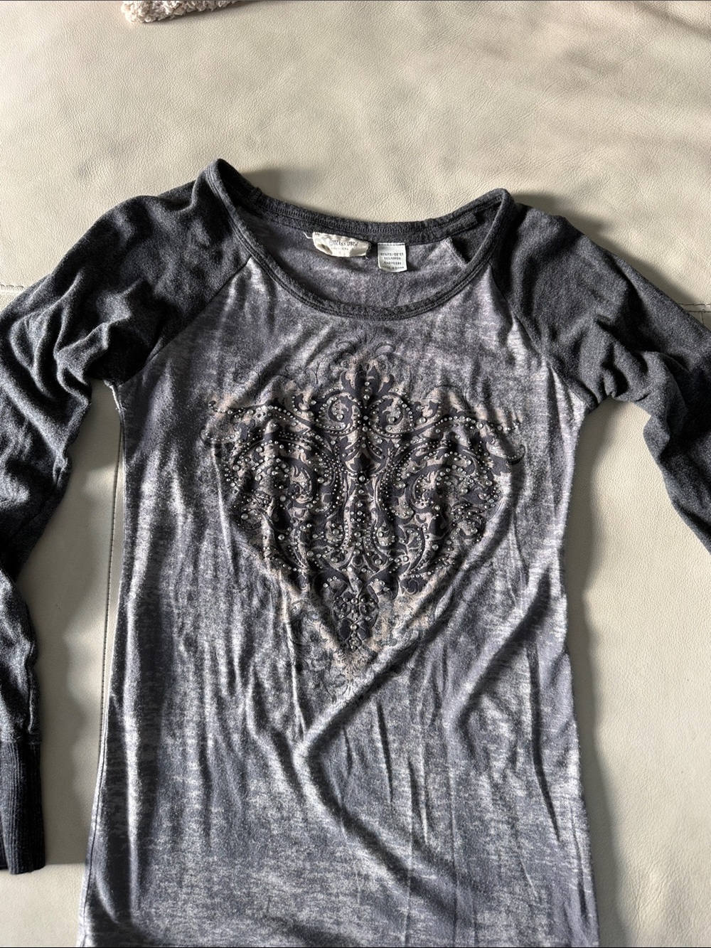 Miss Me Charcoal Gray Long-Sleeve Top with Embellished Heart